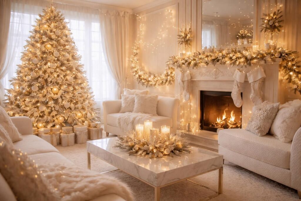 Créer une ambiance magique de Noël avec des guirlandes Noel Forever et du mobilier blanc scintillant