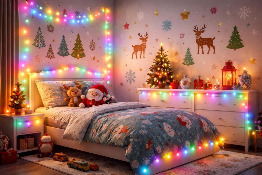 Décorer chambre enfant pour Noël : guirlandes lumineuses Philips Hue et stickers muraux