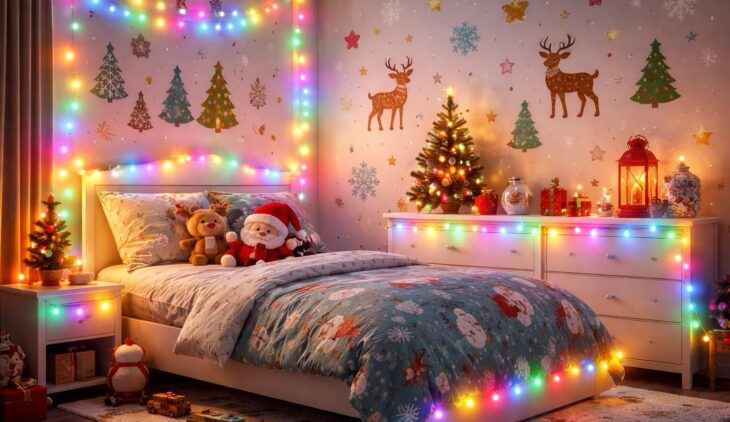 Décorer chambre enfant pour Noël : guirlandes lumineuses Philips Hue et stickers muraux
