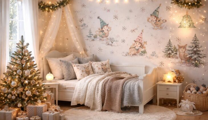 Décorer une chambre enfant féerique pour Noël avec stickers Lilipinso et luminaires Vertbaudet