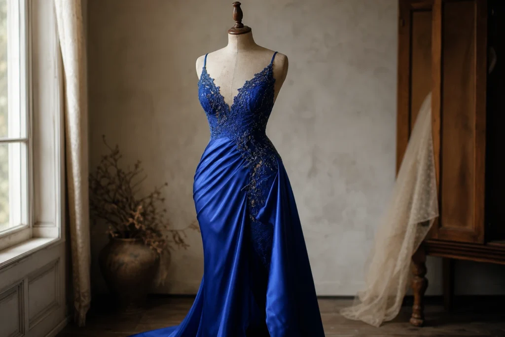 Robe de soirée bleu roi satinée : tendance 100% glamour